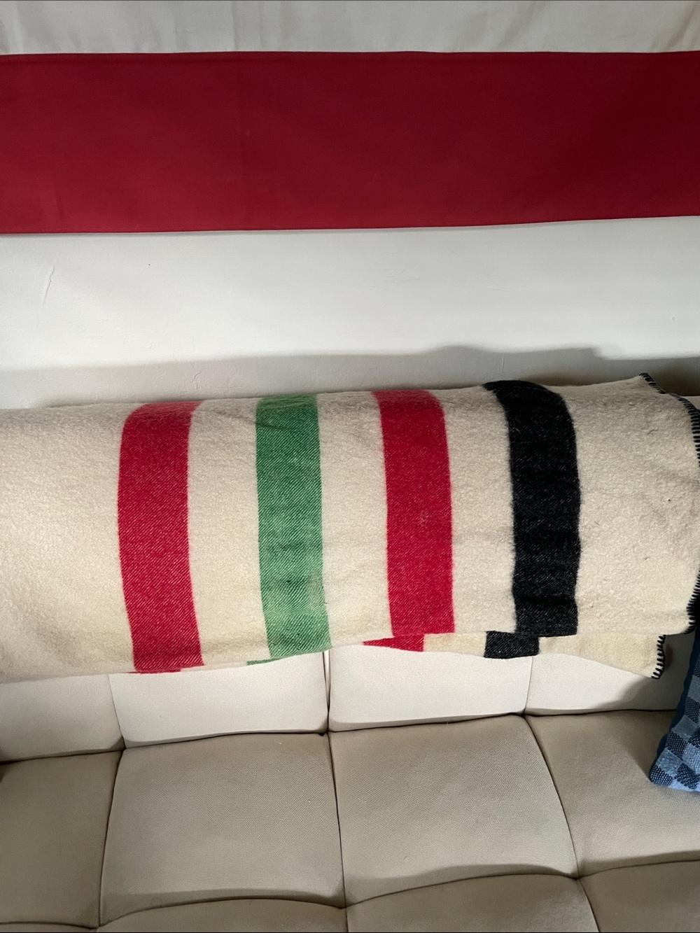 Vintage Woolrich Cream Throw with Red, Green & Black Stripes